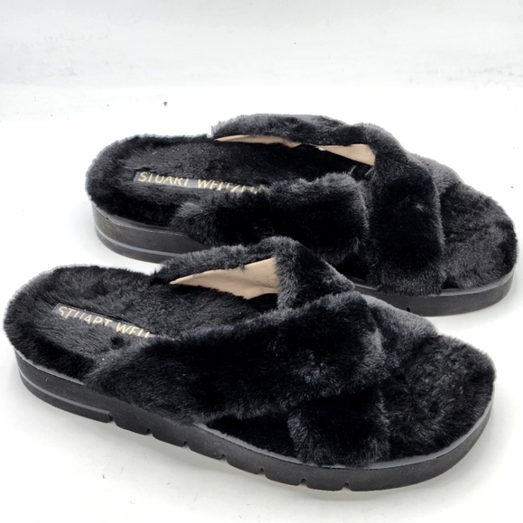 STUART WEITZMAN Roza Faux Fur Wedge Slides In Black Size 11.5 B - Picture 10 of 12